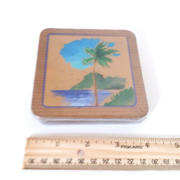 Set of 8 Drink Coasters On The Beach Sur La Plage 4 Designs Palm Tree Birds - Picture 4 of 4